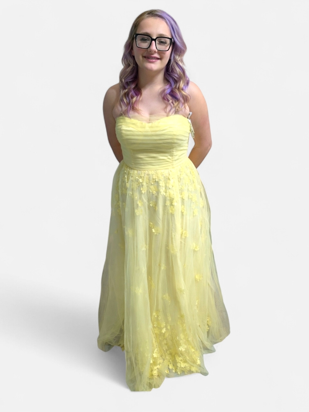 Fairy Strapless Yellow Tulle Evening Gown With 3D Flowers